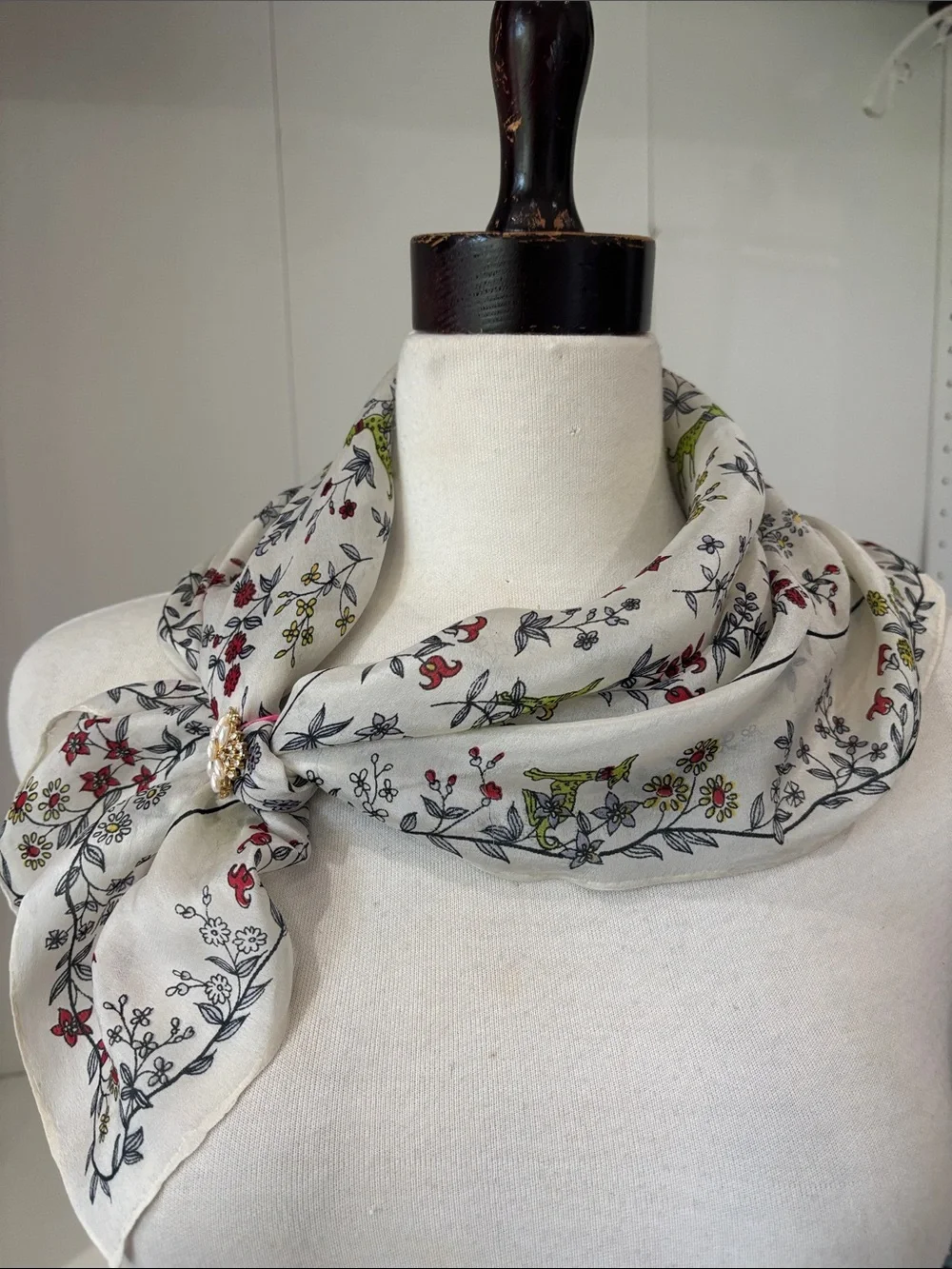 Floral & Fox Print Scarf - White with Red, Green & Gray silk.